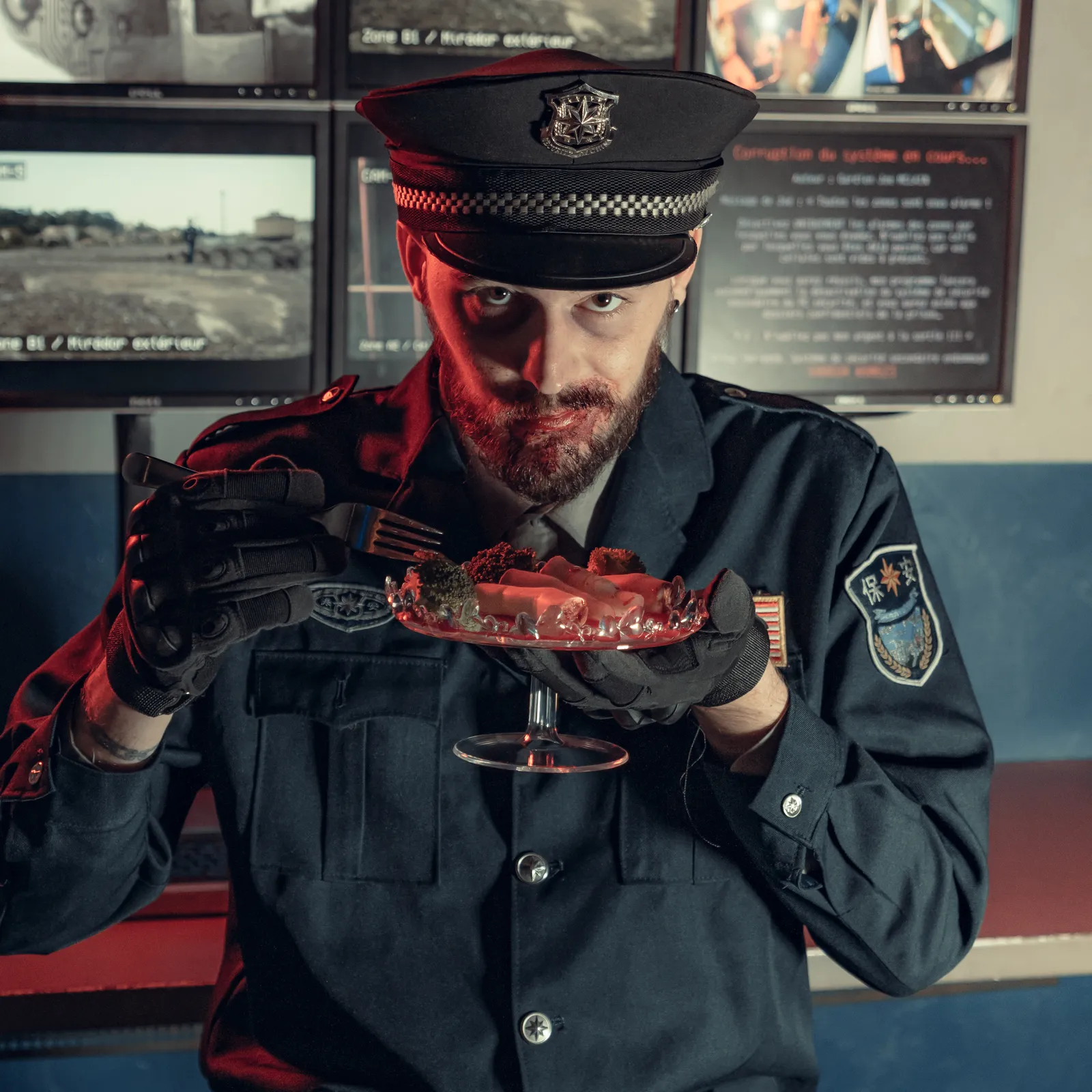 Le gardien attablé devant un plateau garni de morceaux de corps humains, verre de vin à la main, Escape Game d'Halloween