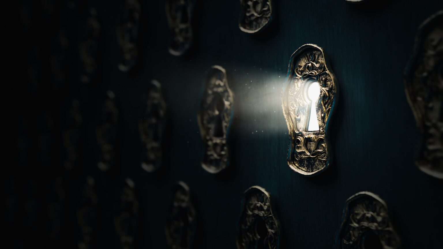 Mur sombre percé de multiples entrées de serrures chez Closed Escape Game